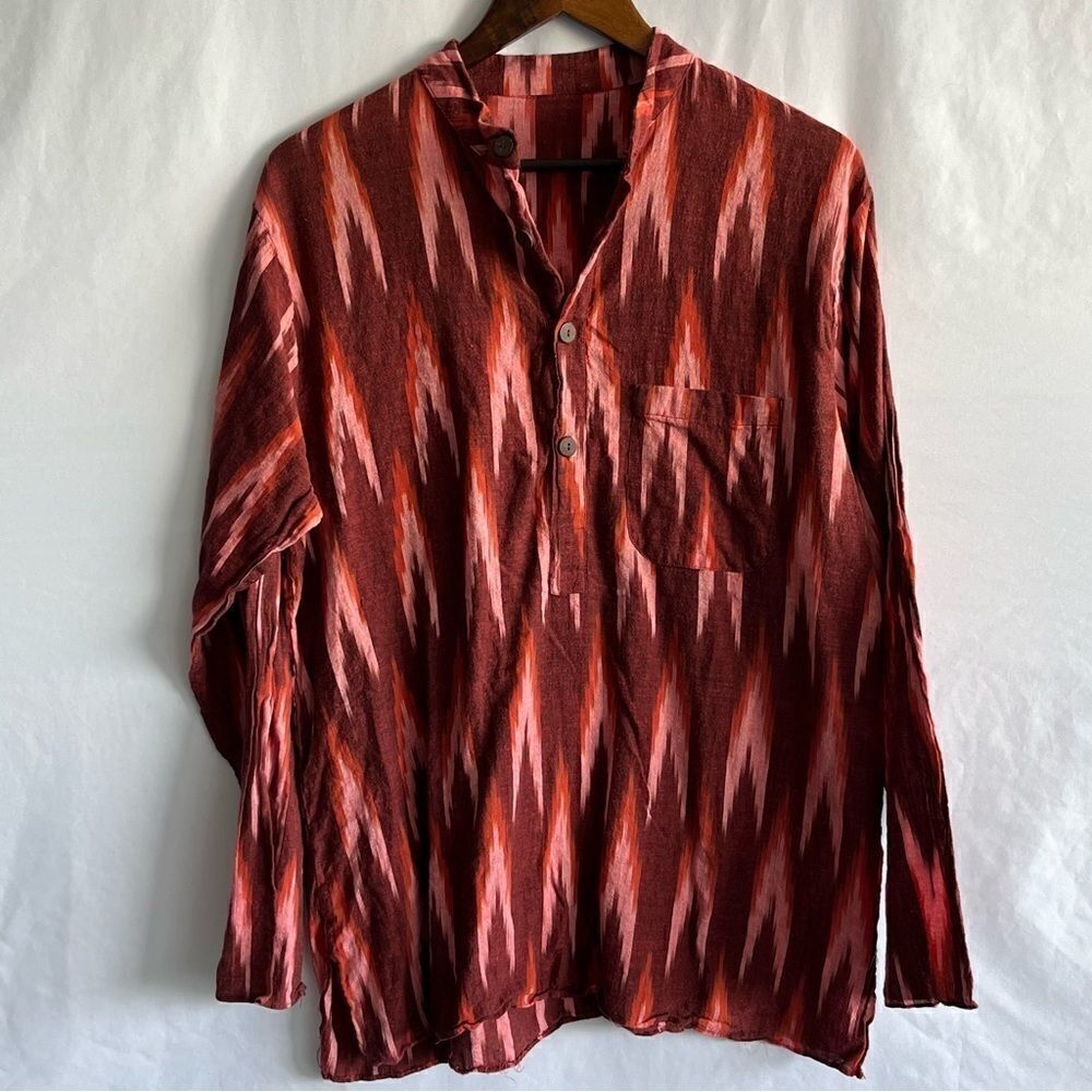 Red Boho Printed Long Sleeve Button Front Top - Picture 3 of 9